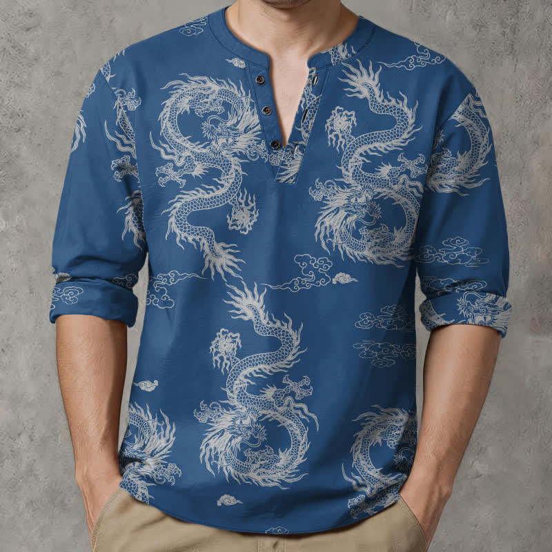 Buddha Stones Cotton Oriental White Dragon Cloud Pattern V-Neck Buttons Men's Long Sleeve Shirts - SteelBlue - US/UK/AU48，EU58 (4XL) - image 14