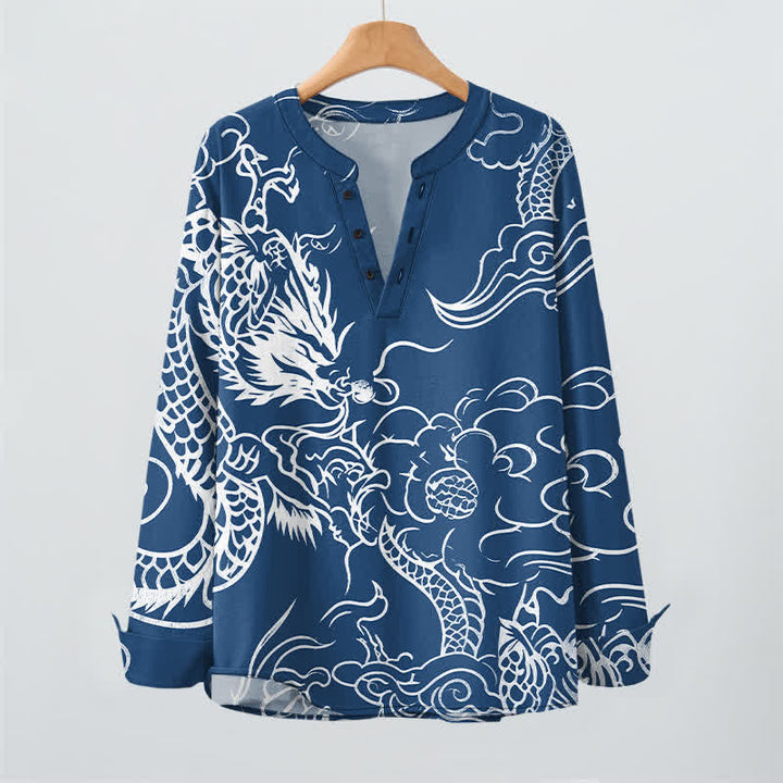 Buddha Stones Cotton Chinese Dragon Clouds Pattern V-Neck Buttons Men's Long Sleeve Shirts - image 2