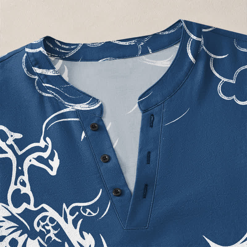 Buddha Stones Cotton Chinese Dragon Clouds Pattern V-Neck Buttons Men's Long Sleeve Shirts - image 4
