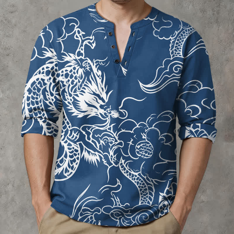 Buddha Stones Cotton Chinese Dragon Clouds Pattern V-Neck Buttons Men's Long Sleeve Shirts - image 1