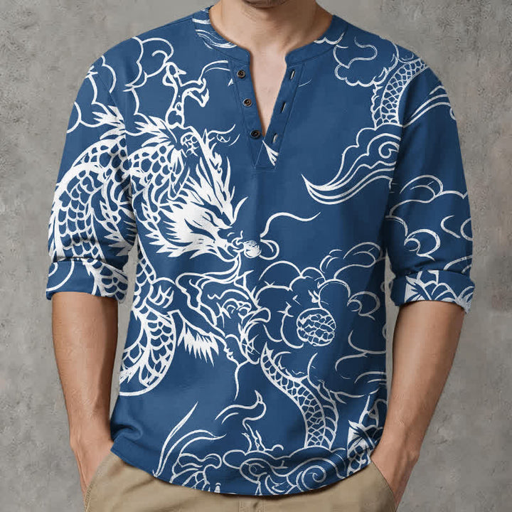 Buddha Stones Cotton Chinese Dragon Clouds Pattern V-Neck Buttons Men's Long Sleeve Shirts - image 1