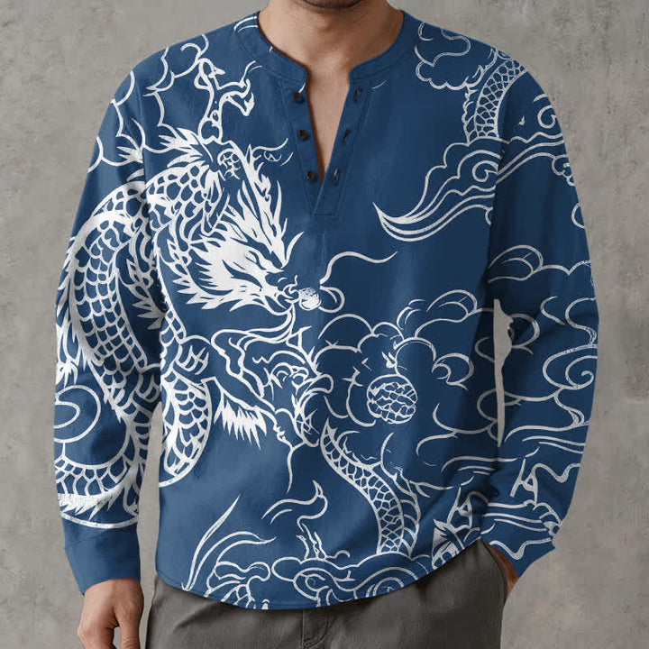 Buddha Stones Cotton Chinese Dragon Clouds Pattern V-Neck Buttons Men's Long Sleeve Shirts - RoyalBlue - US/UK/AU48，EU58 (4XL) - image 0