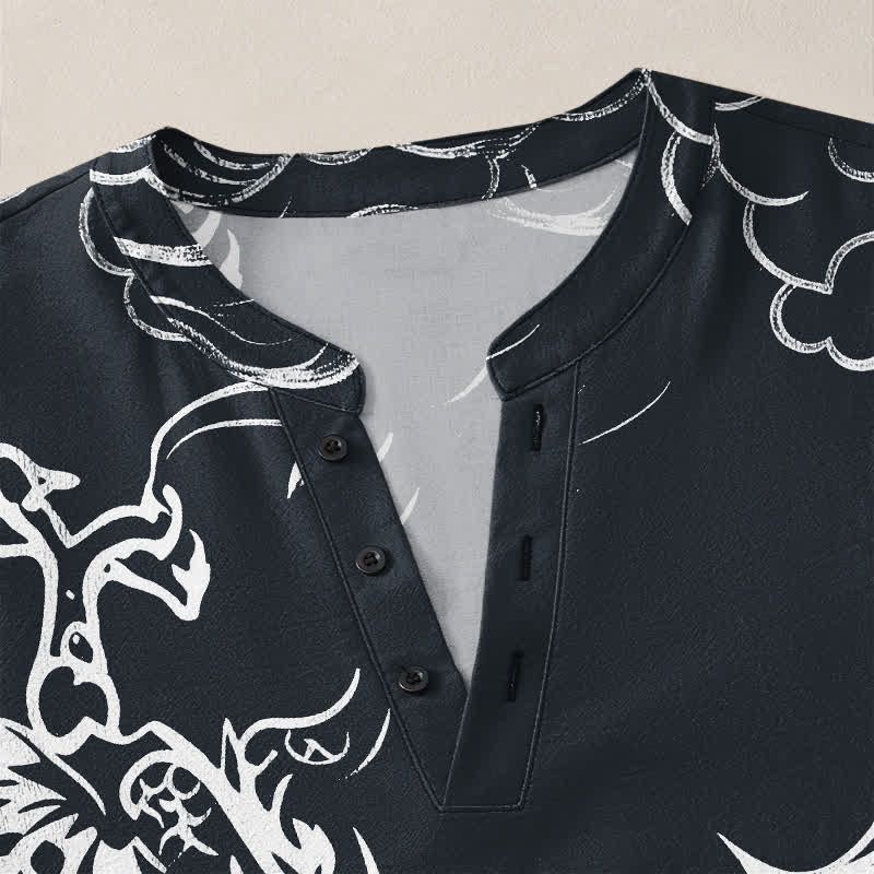 Buddha Stones Cotton Chinese Dragon Clouds Pattern V-Neck Buttons Men's Long Sleeve Shirts - image 11