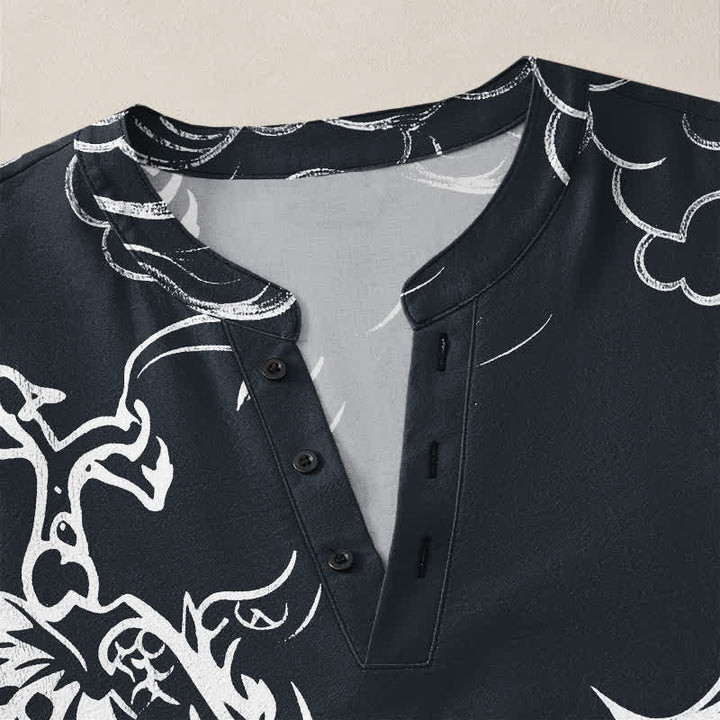 Buddha Stones Cotton Chinese Dragon Clouds Pattern V-Neck Buttons Men's Long Sleeve Shirts - image 11
