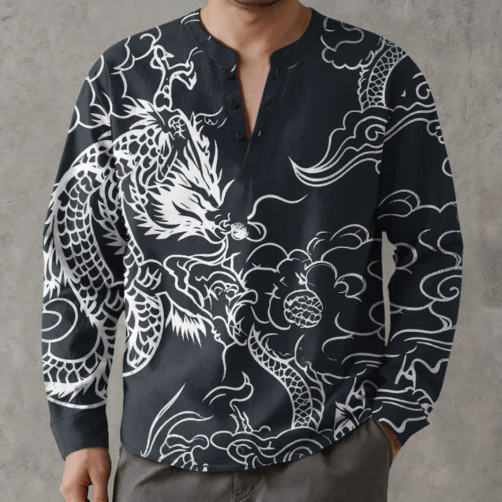 Buddha Stones Cotton Chinese Dragon Clouds Pattern V-Neck Buttons Men's Long Sleeve Shirts - Black - US/UK/AU48，EU58 (4XL) - image 7