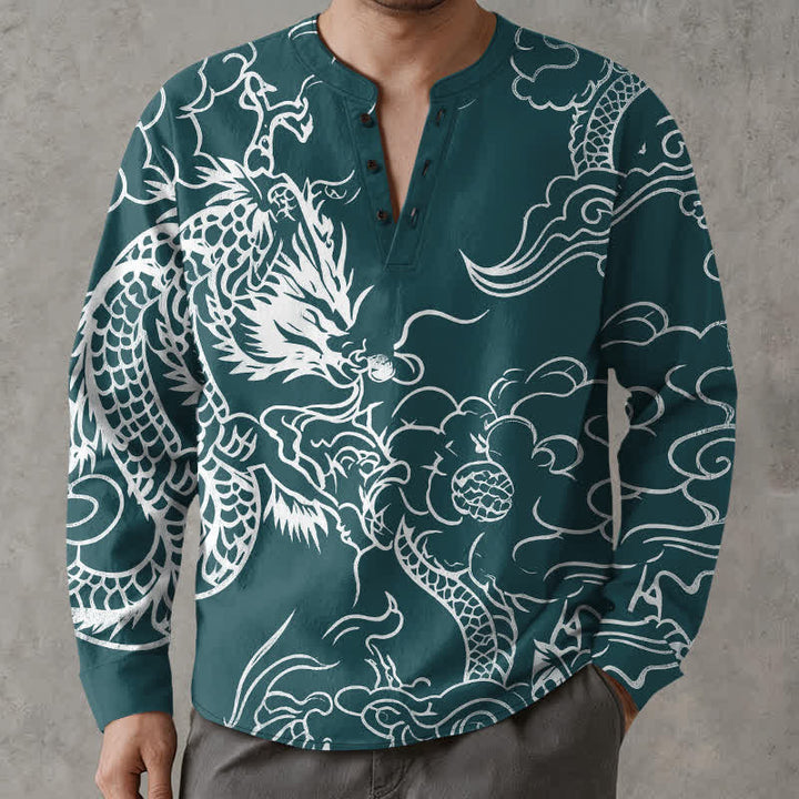 Buddha Stones Cotton Chinese Dragon Clouds Pattern V-Neck Buttons Men's Long Sleeve Shirts - Teal - US/UK/AU48，EU58 (4XL) - image 14
