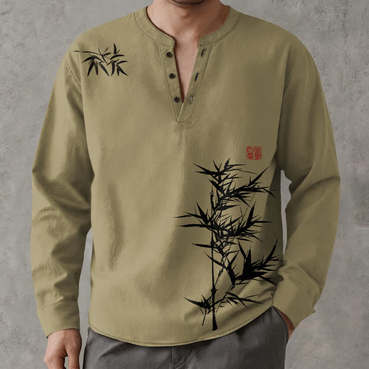 Buddha Stones Cotton Ink Bamboo Pattern V-Neck Buttons Men's Long Sleeve Shirts - image 1