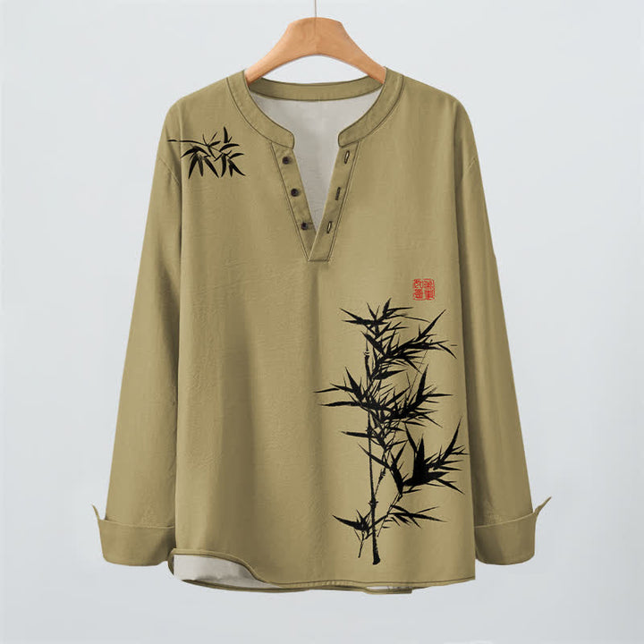 Buddha Stones Cotton Ink Bamboo Pattern V-Neck Buttons Men's Long Sleeve Shirts - image 2