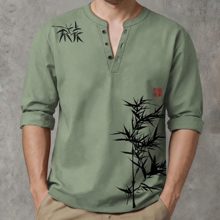 Buddha Stones Cotton Ink Bamboo Pattern V-Neck Buttons Men's Long Sleeve Shirts - OliveDrab - US/UK/AU48，EU58 (4XL) - image 7