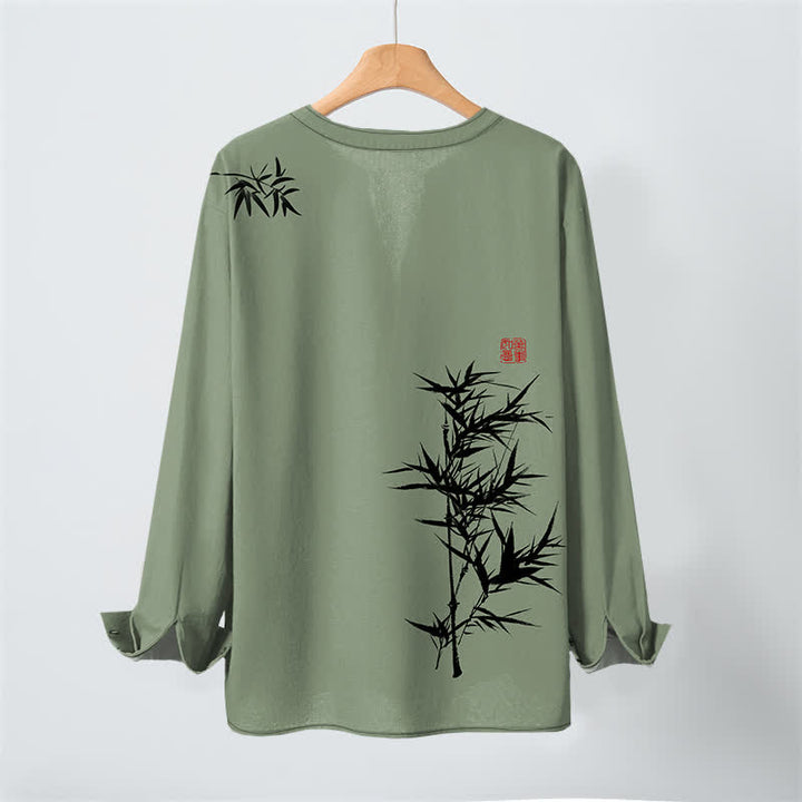 Buddha Stones Cotton Ink Bamboo Pattern V-Neck Buttons Men's Long Sleeve Shirts - image 10