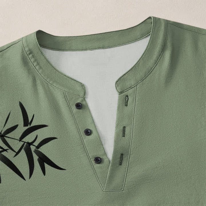 Buddha Stones Cotton Ink Bamboo Pattern V-Neck Buttons Men's Long Sleeve Shirts - image 11