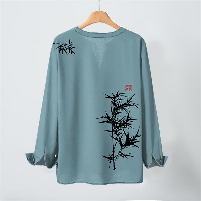 Buddha Stones Cotton Ink Bamboo Pattern V-Neck Buttons Men's Long Sleeve Shirts - image 17