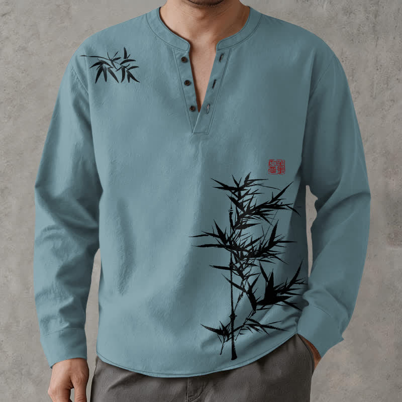 Buddha Stones Cotton Ink Bamboo Pattern V-Neck Buttons Men's Long Sleeve Shirts - image 15