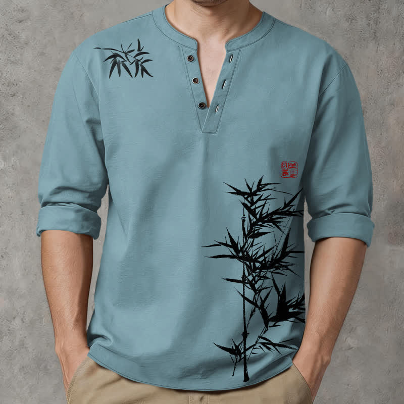Buddha Stones Cotton Ink Bamboo Pattern V-Neck Buttons Men's Long Sleeve Shirts - CadetBlue - US/UK/AU48，EU58 (4XL) - image 14