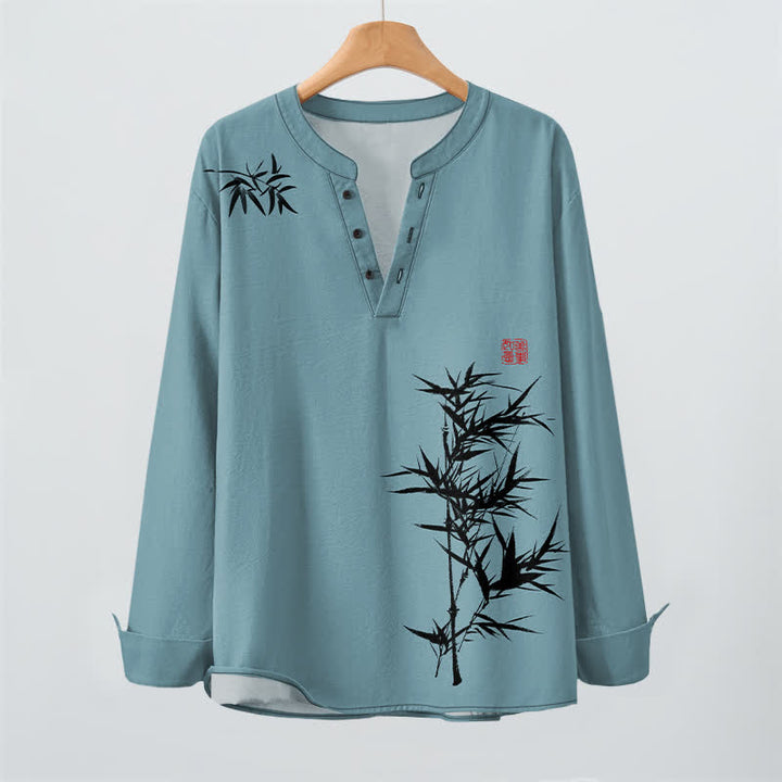 Buddha Stones Cotton Ink Bamboo Pattern V-Neck Buttons Men's Long Sleeve Shirts - image 16