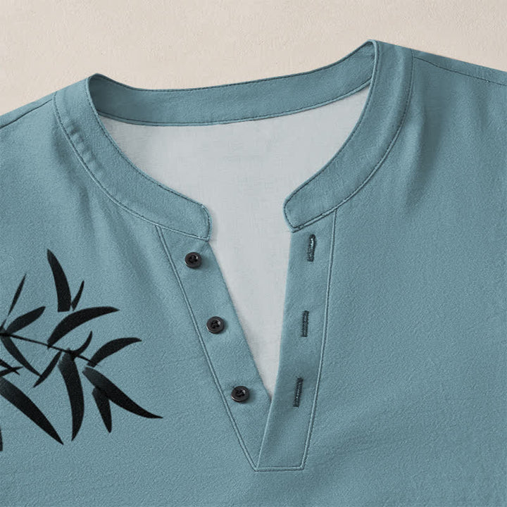 Buddha Stones Cotton Ink Bamboo Pattern V-Neck Buttons Men's Long Sleeve Shirts - image 18