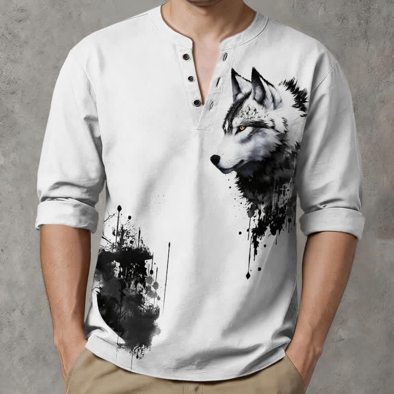 Buddha Stones Cotton Ink Wolf Head Pattern V-Neck Buttons Men's Long Sleeve Shirts - WhiteSmoke - US/UK/AU48，EU58 (4XL) - image 0