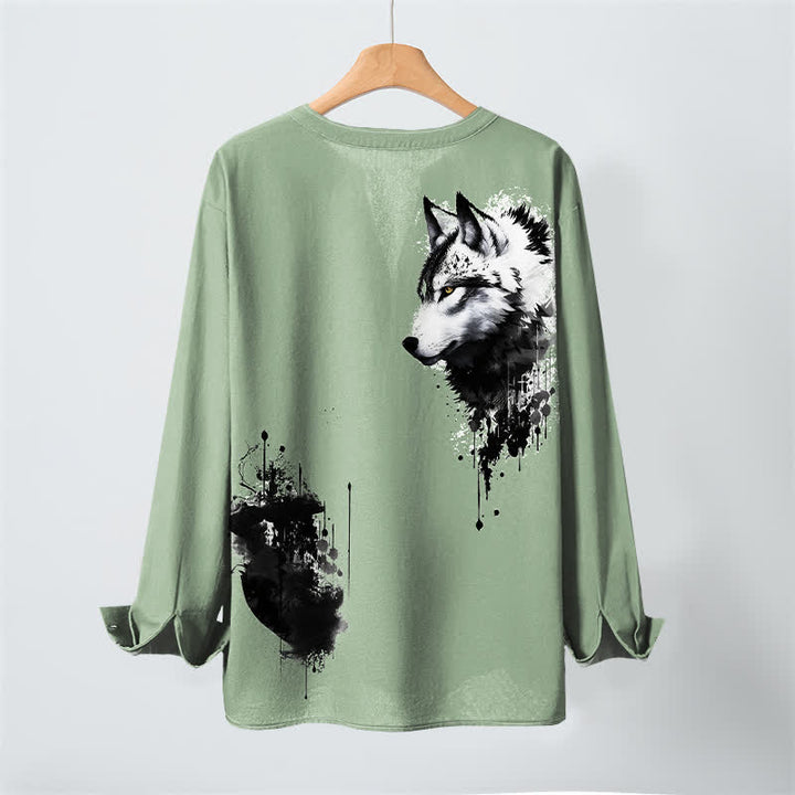 Buddha Stones Cotton Ink Wolf Head Pattern V-Neck Buttons Men's Long Sleeve Shirts - image 10