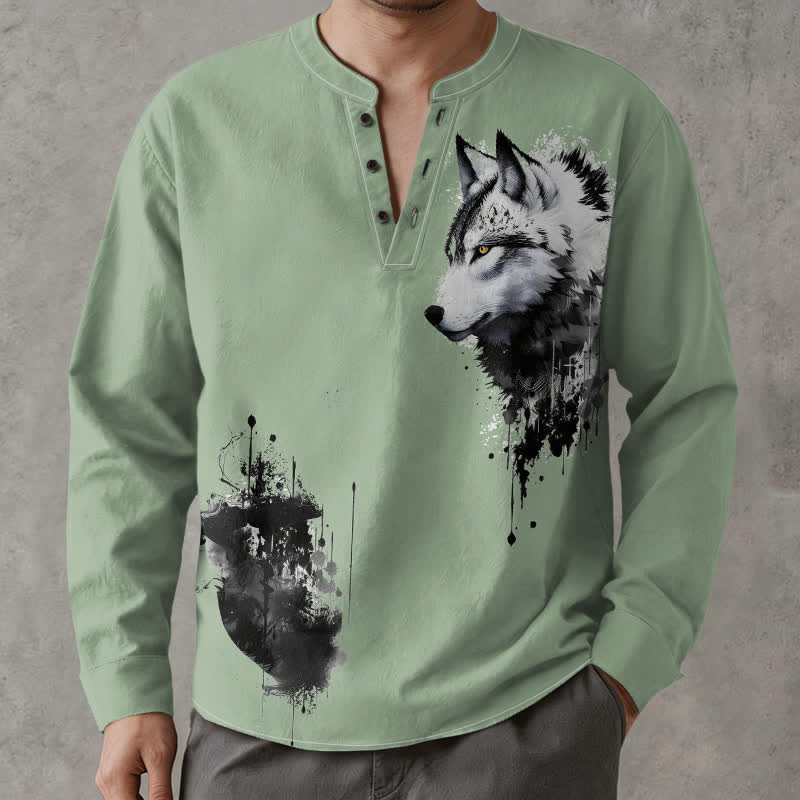 Buddha Stones Cotton Ink Wolf Head Pattern V-Neck Buttons Men's Long Sleeve Shirts - image 8