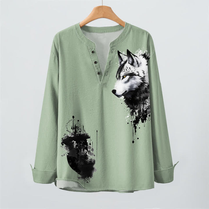 Buddha Stones Cotton Ink Wolf Head Pattern V-Neck Buttons Men's Long Sleeve Shirts - image 9
