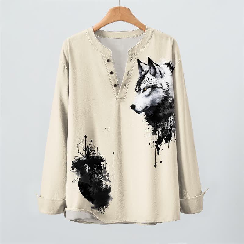 Buddha Stones Cotton Ink Wolf Head Pattern V-Neck Buttons Men's Long Sleeve Shirts - image 16