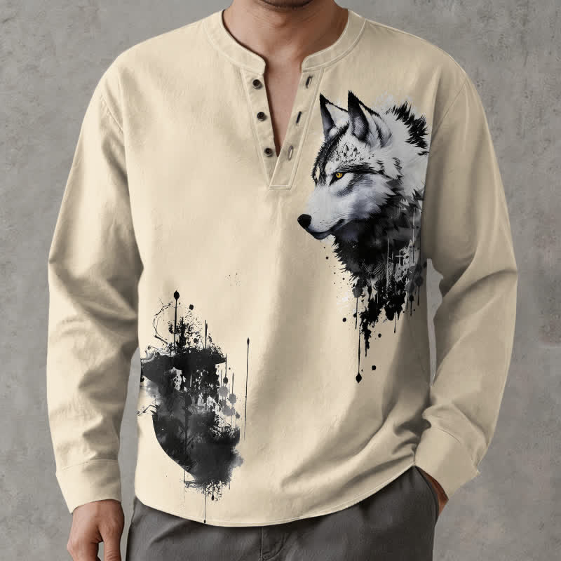Buddha Stones Cotton Ink Wolf Head Pattern V-Neck Buttons Men's Long Sleeve Shirts - image 15