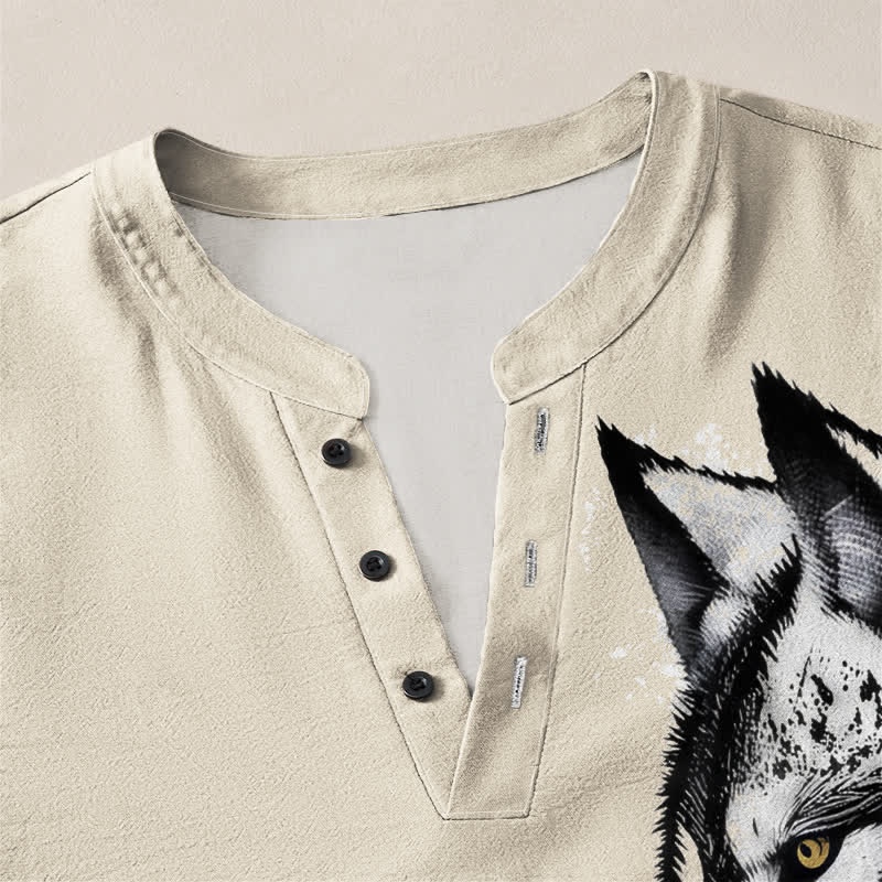 Buddha Stones Cotton Ink Wolf Head Pattern V-Neck Buttons Men's Long Sleeve Shirts - image 18