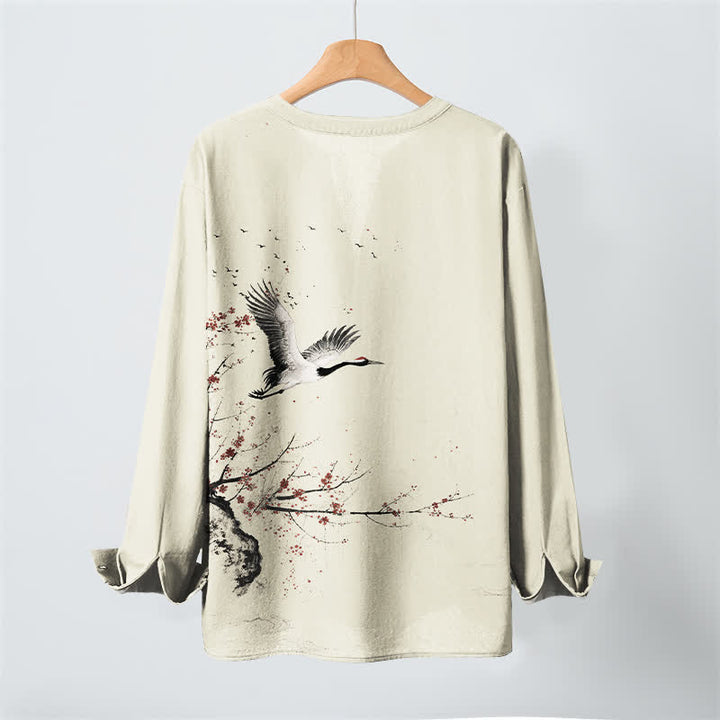 Buddha Stones Cotton Ink Crane Blossom Pattern V-Neck Buttons Men's Long Sleeve Shirts - image 3