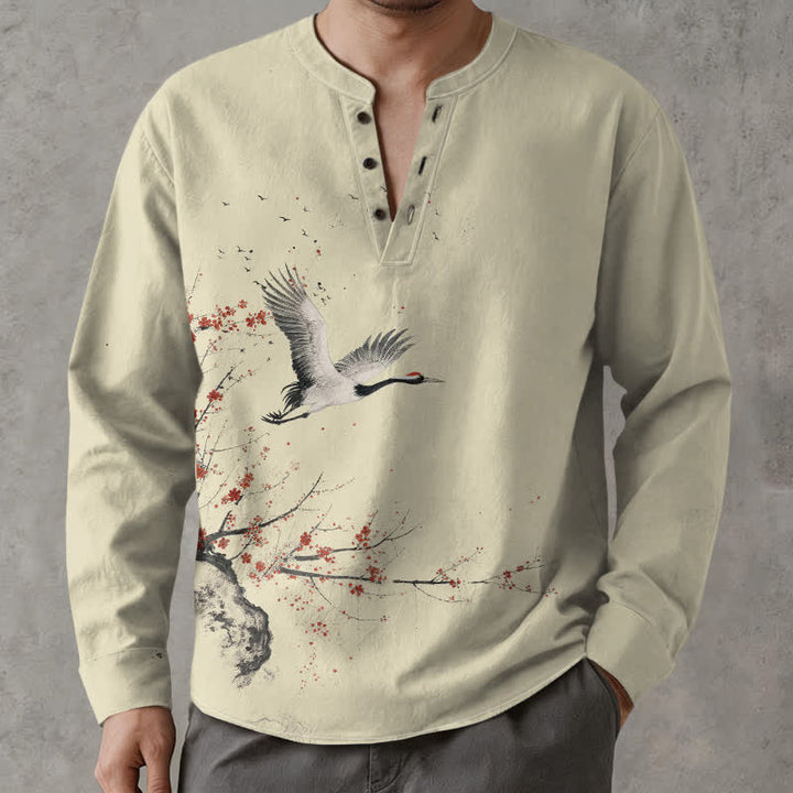 Buddha Stones Cotton Ink Crane Blossom Pattern V-Neck Buttons Men's Long Sleeve Shirts - Linen - US/UK/AU48，EU58 (4XL) - image 0