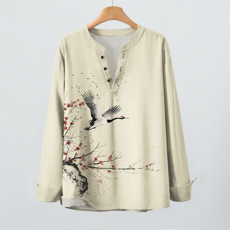 Buddha Stones Cotton Ink Crane Blossom Pattern V-Neck Buttons Men's Long Sleeve Shirts - image 2