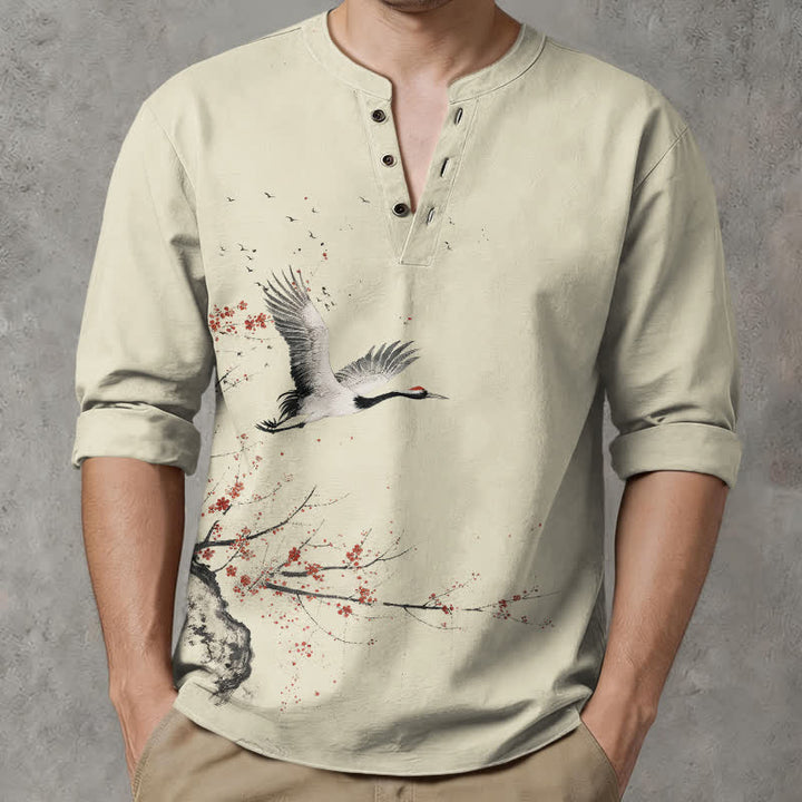 Buddha Stones Cotton Ink Crane Blossom Pattern V-Neck Buttons Men's Long Sleeve Shirts - image 1