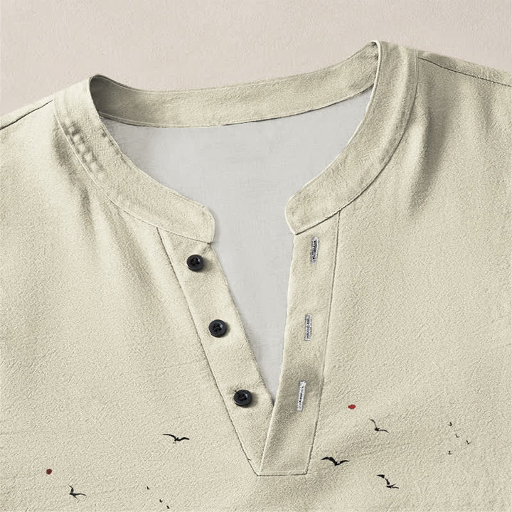 Buddha Stones Cotton Ink Crane Blossom Pattern V-Neck Buttons Men's Long Sleeve Shirts - image 4