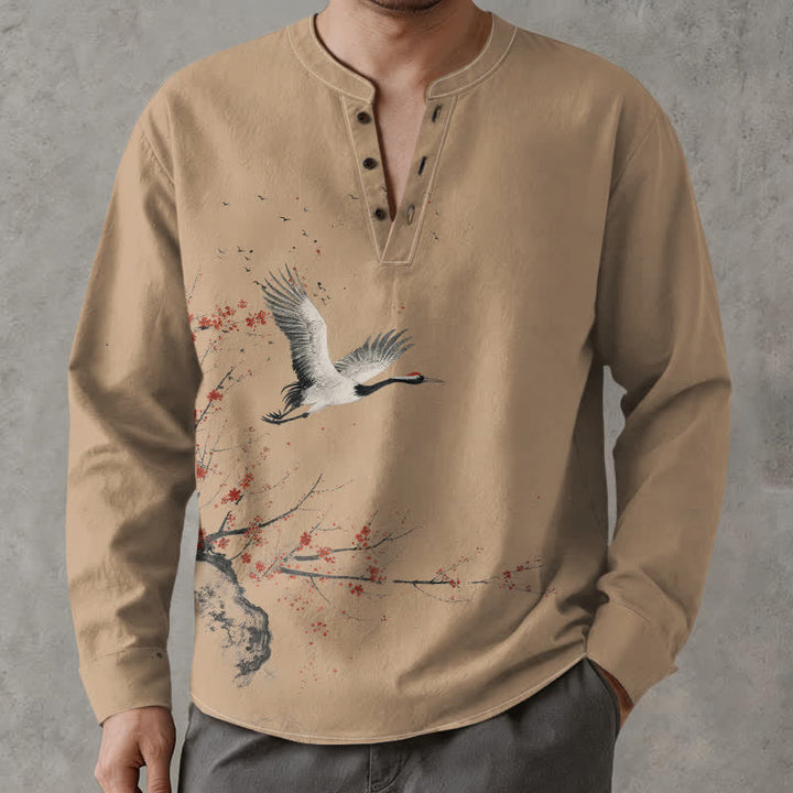 Buddha Stones Cotton Ink Crane Blossom Pattern V-Neck Buttons Men's Long Sleeve Shirts - Tan - US/UK/AU48，EU58 (4XL) - image 7