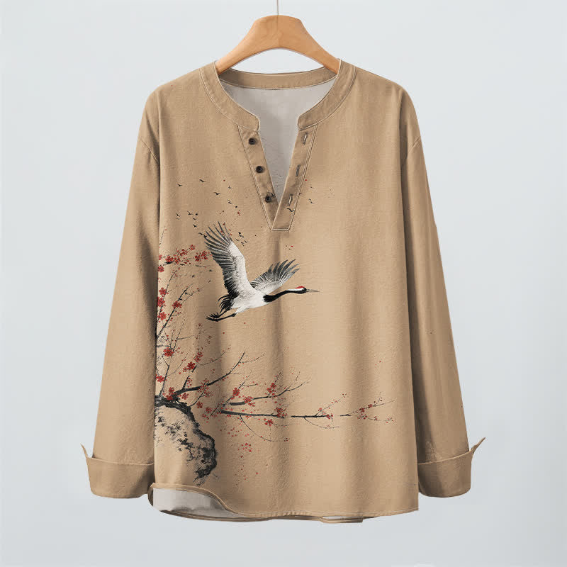 Buddha Stones Cotton Ink Crane Blossom Pattern V-Neck Buttons Men's Long Sleeve Shirts - image 9