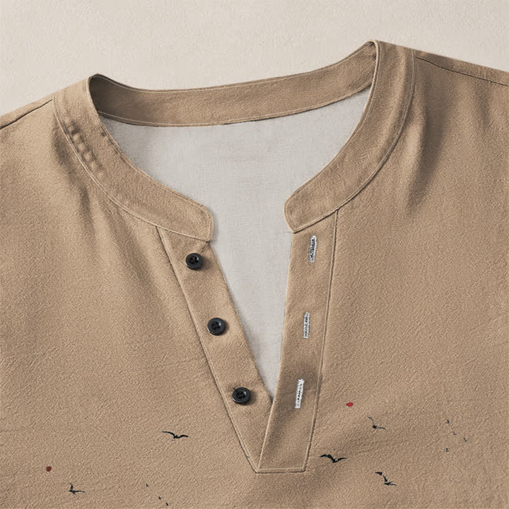 Buddha Stones Cotton Ink Crane Blossom Pattern V-Neck Buttons Men's Long Sleeve Shirts - image 11