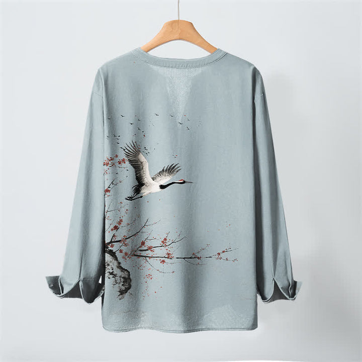 Buddha Stones Cotton Ink Crane Blossom Pattern V-Neck Buttons Men's Long Sleeve Shirts - image 17