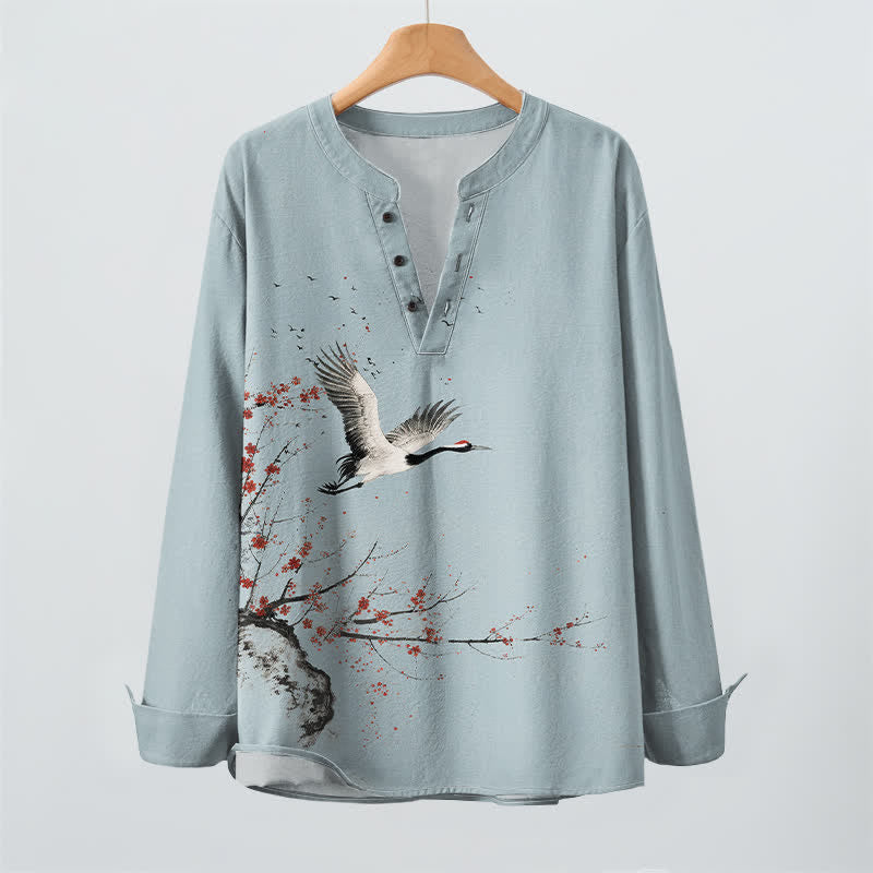 Buddha Stones Cotton Ink Crane Blossom Pattern V-Neck Buttons Men's Long Sleeve Shirts - image 16