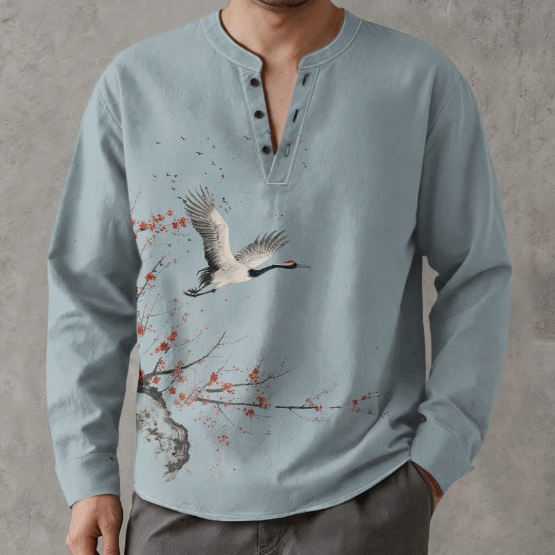 Buddha Stones Cotton Ink Crane Blossom Pattern V-Neck Buttons Men's Long Sleeve Shirts - PowderBlue - US/UK/AU48，EU58 (4XL) - image 14