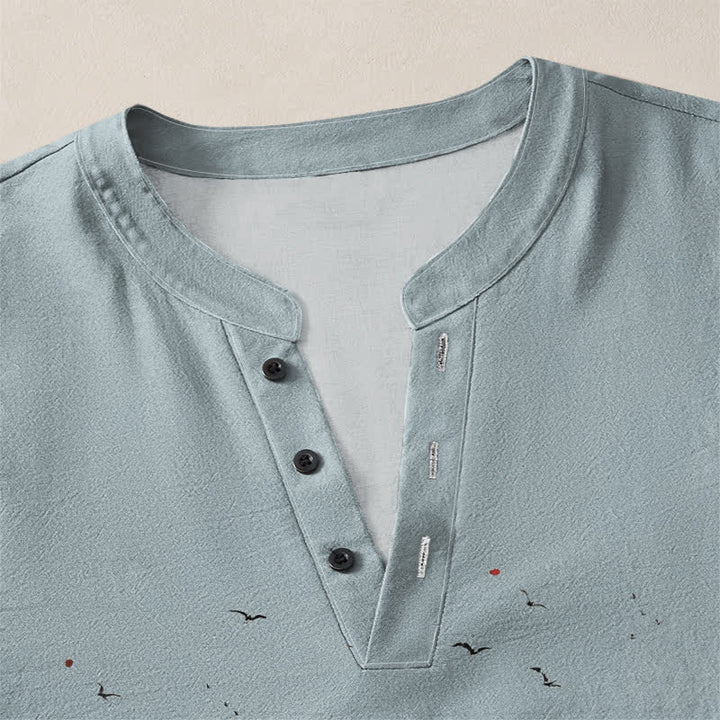 Buddha Stones Cotton Ink Crane Blossom Pattern V-Neck Buttons Men's Long Sleeve Shirts - image 18