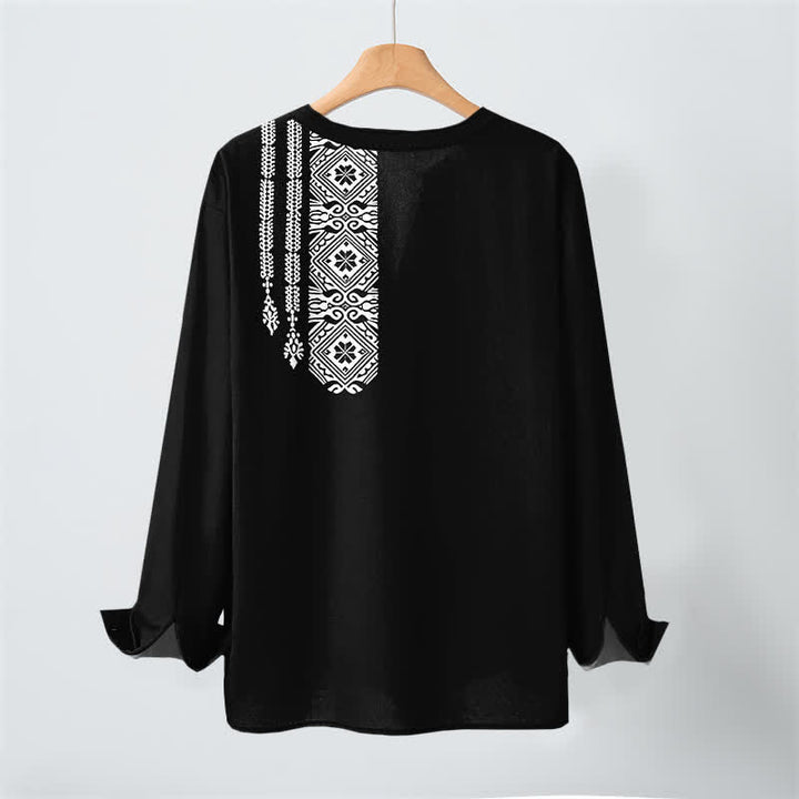 Buddha Stones Cotton Tribal Square Geometric Pattern V-Neck Buttons Men's Long Sleeve Shirts - image 3
