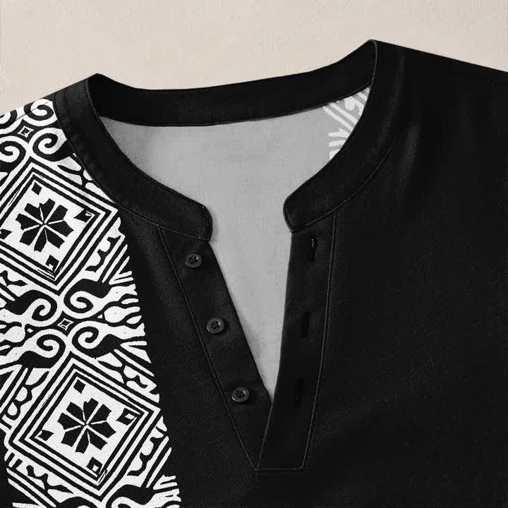 Buddha Stones Cotton Tribal Square Geometric Pattern V-Neck Buttons Men's Long Sleeve Shirts - image 4