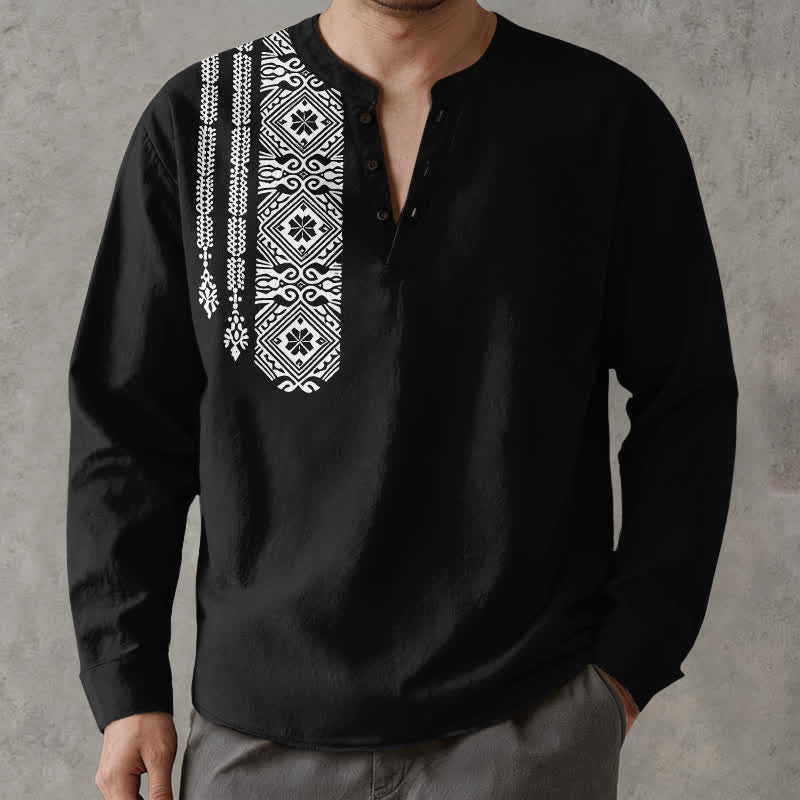 Buddha Stones Cotton Tribal Square Geometric Pattern V-Neck Buttons Men's Long Sleeve Shirts - Black - US/UK/AU48，EU58 (4XL) - image 1