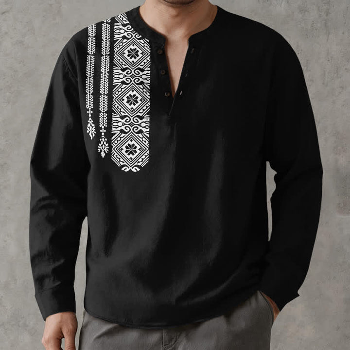 Buddha Stones Cotton Tribal Square Geometric Pattern V-Neck Buttons Men's Long Sleeve Shirts - Black - US/UK/AU48，EU58 (4XL) - image 1