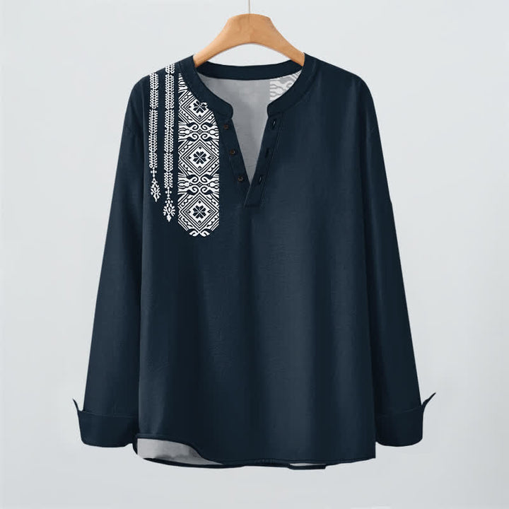 Buddha Stones Cotton Tribal Square Geometric Pattern V-Neck Buttons Men's Long Sleeve Shirts - image 9