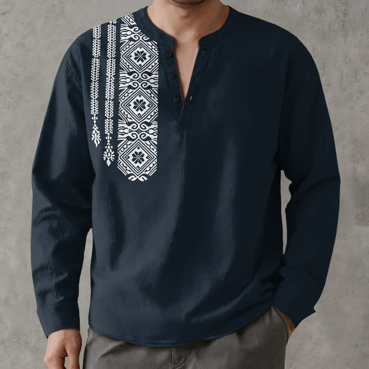 Buddha Stones Cotton Tribal Square Geometric Pattern V-Neck Buttons Men's Long Sleeve Shirts - Navy - US/UK/AU48，EU58 (4XL) - image 7