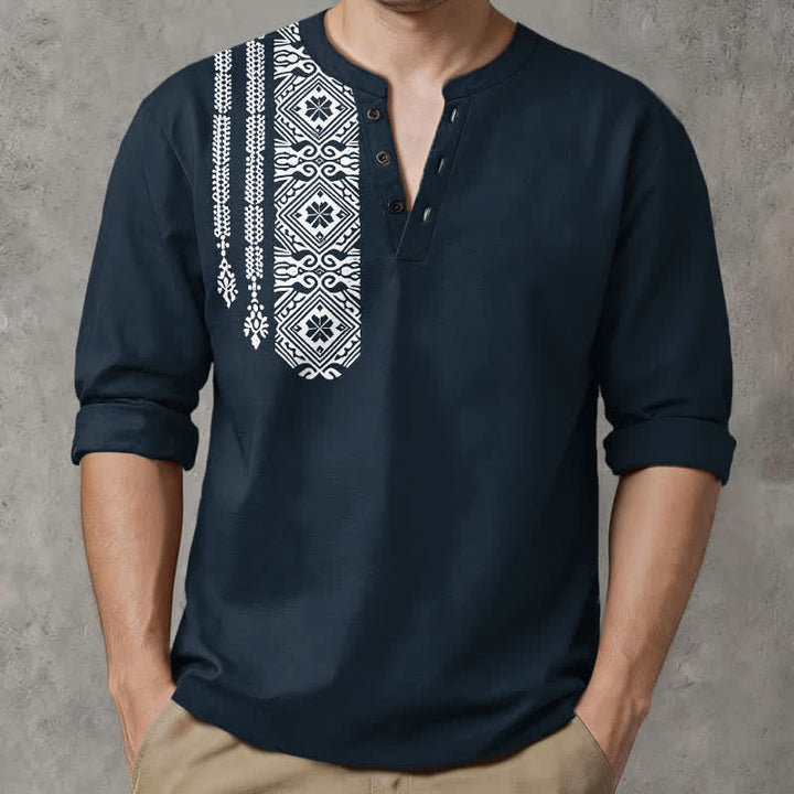 Buddha Stones Cotton Tribal Square Geometric Pattern V-Neck Buttons Men's Long Sleeve Shirts - image 8