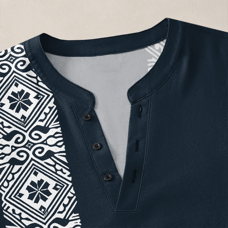 Buddha Stones Cotton Tribal Square Geometric Pattern V-Neck Buttons Men's Long Sleeve Shirts - image 11