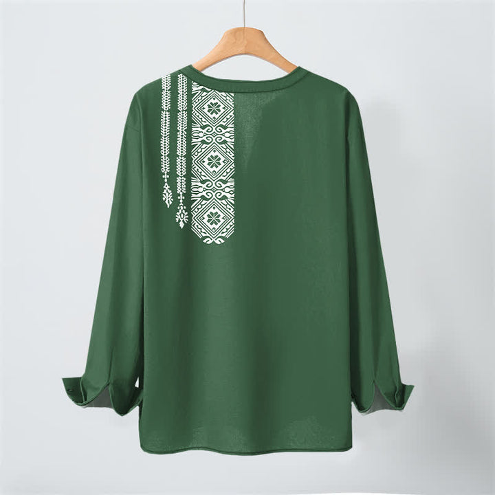 Buddha Stones Cotton Tribal Square Geometric Pattern V-Neck Buttons Men's Long Sleeve Shirts - image 17