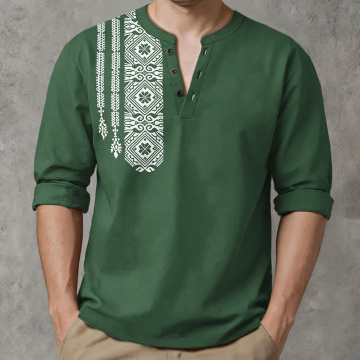Buddha Stones Cotton Tribal Square Geometric Pattern V-Neck Buttons Men's Long Sleeve Shirts - image 15