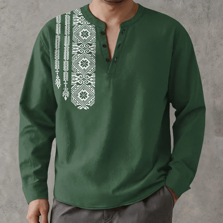 Buddha Stones Cotton Tribal Square Geometric Pattern V-Neck Buttons Men's Long Sleeve Shirts - ForestGreen - US/UK/AU48，EU58 (4XL) - image 14